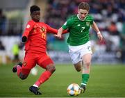 9 May 2019; Matt Everitt of Republic of Ireland in action against Jérémy Landu of Belgium during the 2019 UEFA European Under-17 Championships Group A match between Belgium and Republic of Ireland at Tallaght Stadium in Dublin. Photo by Stephen McCarthy/Sportsfile