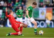 9 May 2019; Matt Everitt of Republic of Ireland in action against Hugo Siquet of Belgium during the 2019 UEFA European Under-17 Championships Group A match between Belgium and Republic of Ireland at Tallaght Stadium in Dublin. Photo by Stephen McCarthy/Sportsfile