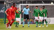 9 May 2019; Republic of Ireland players appeal to referee Krzysztof Jakubik after he pulled them back from restarting the game too quickly during the 2019 UEFA European Under-17 Championships Group A match between Belgium and Republic of Ireland at Tallaght Stadium in Dublin. Photo by Stephen McCarthy/Sportsfile