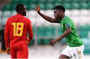 9 May 2019; Timi Sobowale of Republic of Ireland celebrates after scoring his side's first goal during the 2019 UEFA European Under-17 Championships Group A match between Belgium and Republic of Ireland at Tallaght Stadium in Dublin. Photo by Stephen McCarthy/Sportsfile