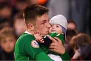 9 May 2019; Ronan McKinley of Republic of Ireland shares a moment with his 1-year-old brother Johnas following the 2019 UEFA European Under-17 Championships Group A match between Belgium and Republic of Ireland at Tallaght Stadium in Dublin. Photo by Stephen McCarthy/Sportsfile