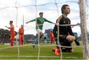 9 May 2019; Andrew Omobamidele celebrates Republic of Ireland goal as Belgium goalkeeper Maarten Vandevoort reacts to conceeding during the 2019 UEFA European Under-17 Championships Group A match between Belgium and Republic of Ireland at Tallaght Stadium in Dublin. Photo by Stephen McCarthy/Sportsfile