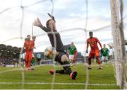 9 May 2019; Belgium goalkeeper Maarten Vandevoort fails to stop a shot from Timi Sobowale of Republic of Ireland, resulting in Republic of Ireland's only goal, during the 2019 UEFA European Under-17 Championships Group A match between Belgium and Republic of Ireland at Tallaght Stadium in Dublin. Photo by Stephen McCarthy/Sportsfile