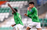 9 May 2019; Timi Sobowale, left, celebrates after scoring his side's goal with his Republic of Ireland team-mate Andrew Omobamidele during the 2019 UEFA European Under-17 Championships Group A match between Belgium and Republic of Ireland at Tallaght Stadium in Dublin. Photo by Stephen McCarthy/Sportsfile