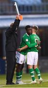 9 May 2019; Roland Idowu, left, comes on to replace his Republic of Ireland team-mate Séamas Keogh during the 2019 UEFA European Under-17 Championships Group A match between Belgium and Republic of Ireland at Tallaght Stadium in Dublin. Photo by Stephen McCarthy/Sportsfile