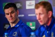 10 May 2019; Jonathan Sexton, alongside head coach Leo Cullen, during a Leinster press conference at St James' Park in Newcastle Upon Tyne, England.  Photo by Ramsey Cardy/Sportsfile