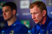 10 May 2019; Head coach Leo Cullen during a Leinster press conference at St James' Park in Newcastle Upon Tyne, England. Photo by Ramsey Cardy/Sportsfile