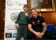10 May 2019; Rob Cornwall of Bohemians with Tadhg Barry of St Laurence O'Toole's, Seville Place, during the Bohemians FC, More Than A Club, certificate presentation to pupils from St Catherine's Senior School, Cabra, St Gabriels NS, Arbour Hill, and St Finbarr's BNS, Cabra, St Laurence O'Toole's, Seville Place, at the Mansion House in Dublin. Photo by Stephen McCarthy/Sportsfile