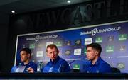 10 May 2019; Luke McGrath, right, with head coach Leo Cullen and Jonathan Sexton during a Leinster press conference at St James' Park in Newcastle Upon Tyne, England. Photo by Ramsey Cardy/Sportsfile