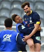 10 May 2019; Damian Penaud of ASM Clermont Auvergne celebrates after scoring his side's first try during the Heineken Challenge Cup Final match between ASM Clermont Auvergne and La Rochelle at St James' Park in Newcastle Upon Tyne, England. Photo by Brendan Moran/Sportsfile