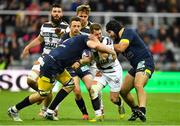 10 May 2019; Arthur Retiere of La Rochelle is tackled by Etienne Falgoux and Arthur Iturria of ASM Clermont Auvergne during the Heineken Challenge Cup Final match between ASM Clermont Auvergne and La Rochelle at St James' Park in Newcastle Upon Tyne, England. Photo by Brendan Moran/Sportsfile