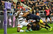 10 May 2019; Levani Botia of La Rochelle is tackled into touch by Isaiah Toeava and Wesley Fofana of ASM Clermont Auvergne during the Heineken Challenge Cup Final match between ASM Clermont Auvergne and La Rochelle at St James' Park in Newcastle Upon Tyne, England. Photo by Brendan Moran/Sportsfile