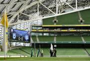 11 May 2019; Groundsmen errect the goal posts ahead of the FAI New Balance Intermediate Cup Final match between Avondale United and Crumlin United at Aviva Stadium in Dublin. Photo by Eóin Noonan/Sportsfile