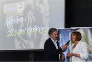 11 May 2019; Hall of Fame Award winner Siobhán Caffrey is interviewed by MC John Irwin during the Basketball Ireland 2018/19 Annual Awards and Hall of Fame at the Cusack Suite, Croke Park in Dublin. Photo by Piaras Ó Mídheach/Sportsfile