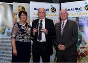 11 May 2019; Hall of Fame Award winner Danny Fulton is presented with his award by Theresa Walsh, President of Basketball Ireland, and Fran Ryan, Chairperson of the Board of Basketball Ireland, during the Basketball Ireland 2018/19 Annual Awards and Hall of Fame at the Cusack Suite, Croke Park in Dublin. Photo by Piaras Ó Mídheach/Sportsfile