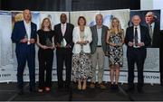11 May 2019; Hall of Fame award winners, from left, Liam McHale, Susan Moran, Kelvin Troy, Siobhán Caffrey, the late Paudie O’Connor's representatives, his brother Seamie O'Connor and daughter Morgan Mauro, and Danny Fulton during the Basketball Ireland 2018/19 Annual Awards and Hall of Fame at the Cusack Suite, Croke Park in Dublin. Photo by Piaras Ó Mídheach/Sportsfile
