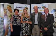 11 May 2019; The Hall of Fame Award bestowed on the late Paudie O’Connor is accepted by his brother Seamie O'Connor and daughter Morgan Mauro from Theresa Walsh, President of Basketball Ireland, and Fran Ryan, Chairperson of the Board of Basketball Ireland, during the Basketball Ireland 2018/19 Annual Awards and Hall of Fame at the Cusack Suite, Croke Park in Dublin. Photo by Piaras Ó Mídheach/Sportsfile
