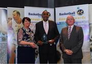 11 May 2019; Hall of Fame Award winner Kelvin Troy is presented with his award by Theresa Walsh, President of Basketball Ireland, and Fran Ryan, Chairperson of the Board of Basketball Ireland, during the Basketball Ireland 2018/19 Annual Awards and Hall of Fame at the Cusack Suite, Croke Park in Dublin. Photo by Piaras Ó Mídheach/Sportsfile