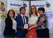 11 May 2019; Boys B School Award winners St Patrick’s Classical School, Navan, Co Meath, represented by Darren Bellew and Cora Marie Kelleher, are presented with the award by Lorna Finnegan, PPSC, left, and Theresa Walsh, President of Basketball Ireland, during the Basketball Ireland 2018/19 Annual Awards and Hall of Fame at the Cusack Suite, Croke Park in Dublin. Photo by Piaras Ó Mídheach/Sportsfile
