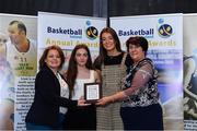 11 May 2019; Girls B School Award winners Colaiste Pobail Setanta, Dublin, represented by Aisling Corcoran, Katie Williamson and Milicia Stankovic, are presented with the award by Lorna Finnegan, PPSC, left, and Theresa Walsh, President of Basketball Ireland, during the Basketball Ireland 2018/19 Annual Awards and Hall of Fame at the Cusack Suite, Croke Park in Dublin. Photo by Piaras Ó Mídheach/Sportsfile