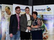 11 May 2019; Young Referee of the Year Award winner Tom Mealiffe is presented with his award by Adam Wickham, National Referees Committee, and Theresa Walsh, President of Basketball Ireland, during the Basketball Ireland 2018/19 Annual Awards and Hall of Fame at the Cusack Suite, Croke Park in Dublin. Photo by Piaras Ó Mídheach/Sportsfile