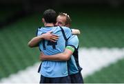 11 May 2019; David Keily, left, celebrates with Cathal O'Neill of Avondale United following the FAI New Balance Intermediate Cup Final match between Avondale United and Crumlin United at Aviva Stadium in Dublin. Photo by Eóin Noonan/Sportsfile