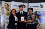 11 May 2019; Male U16 Schools Player of the Year Award winner Brian Gaffney from St Joseph’s The Bish, Co Galway, is presented with his award by Lorna Finnegan, PPSC, left, and Theresa Walsh, President of Basketball Ireland, during the Basketball Ireland 2018/19 Annual Awards and Hall of Fame at the Cusack Suite, Croke Park in Dublin. Photo by Piaras Ó Mídheach/Sportsfile