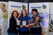 11 May 2019; Female U16 Schools Player of the Year Award winner Kara McCleane from Coláiste Éinde, Co Galway, is presented with her award by Lorna Finnegan, PPSC, left, and Theresa Walsh, President of Basketball Ireland, during the Basketball Ireland 2018/19 Annual Awards and Hall of Fame at the Cusack Suite, Croke Park in Dublin. Photo by Piaras Ó Mídheach/Sportsfile