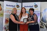 11 May 2019; WSL Young Player of the Year award winner Sorcha Tiernan of Courtyard Liffey Celtics is presented with her award by Breda Dick, WNLC, left, and Theresa Walsh, President of Basketball Ireland, during the Basketball Ireland 2018/19 Annual Awards and Hall of Fame at the Cusack Suite, Croke Park in Dublin. Photo by Piaras Ó Mídheach/Sportsfile