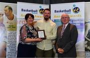 11 May 2019; MD1 Coach of the Year award winner Darren McGovern of DBS Éanna is presented with his award by Theresa Walsh, President of Basketball Ireland, and Fran Ryan, Chairperson of the Board of Basketball Ireland, during the Basketball Ireland 2018/19 Annual Awards and Hall of Fame at the Cusack Suite, Croke Park in Dublin. Photo by Piaras Ó Mídheach/Sportsfile