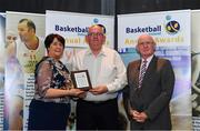 11 May 2019; WD1 Coach of the Year Joe Shields of Maree is presented with his award by Theresa Walsh, President of Basketball Ireland, and Fran Ryan, Chairperson of the Board of Basketball Ireland, during the Basketball Ireland 2018/19 Annual Awards and Hall of Fame at the Cusack Suite, Croke Park in Dublin. Photo by Piaras Ó Mídheach/Sportsfile