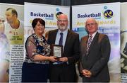 11 May 2019; MSL Coach of the Year award winner Pat Price of Garvey’s Tralee Warriors is presented with his award by Theresa Walsh, President of Basketball Ireland, and Fran Ryan, Chairperson of the Board of Basketball Ireland, during the Basketball Ireland 2018/19 Annual Awards and Hall of Fame at the Cusack Suite, Croke Park in Dublin. Photo by Piaras Ó Mídheach/Sportsfile