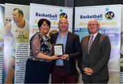 11 May 2019; WSL Coach of the Year award winner Mark Byrne of Courtyard Liffey Celtics is presented with his award by Theresa Walsh, President of Basketball Ireland, and Fran Ryan, Chairperson of the Board of Basketball Ireland, during the Basketball Ireland 2018/19 Annual Awards and Hall of Fame at the Cusack Suite, Croke Park in Dublin. Photo by Piaras Ó Mídheach/Sportsfile
