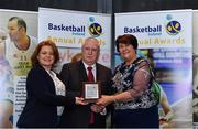 11 May 2019; Boys School Coach of the Year Award winner Philip Rigney from Templeogue College, Dublin, is presented with his award by Lorna Finnegan, PPSC, left, and Theresa Walsh, President of Basketball Ireland, during the Basketball Ireland 2018/19 Annual Awards and Hall of Fame at the Cusack Suite, Croke Park in Dublin. Photo by Piaras Ó Mídheach/Sportsfile