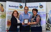 11 May 2019; Girls School Coach of the Year Award winner Eugene O’Hanlon from St Louis SS Carrickmacross, Co Monaghan, is presented with his award by Lorna Finnegan, PPSC, left, and Theresa Walsh, President of Basketball Ireland, during the Basketball Ireland 2018/19 Annual Awards and Hall of Fame at the Cusack Suite, Croke Park in Dublin. Photo by Piaras Ó Mídheach/Sportsfile