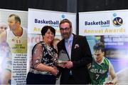 11 May 2019; Presidents Lifetime Achievement Award winner Joey Boylan is presented with his award by Theresa Walsh, President of Basketball Ireland, during the Basketball Ireland 2018/19 Annual Awards and Hall of Fame at the Cusack Suite, Croke Park in Dublin. Photo by Piaras Ó Mídheach/Sportsfile