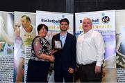 11 May 2019; Colleges Division 2 Male Player of the Year Award winner Matt Scamuffo of LIT is presented with his award by Theresa Walsh, President of Basketball Ireland and Patrick O’Neill, chair of the NBCC, during the Basketball Ireland 2018/19 Annual Awards and Hall of Fame at the Cusack Suite, Croke Park in Dublin. Photo by Piaras Ó Mídheach/Sportsfile