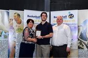 11 May 2019; Colleges Division 3 Male Player of the Year Award winner Daniel Noe of WIT is presented with his award by Theresa Walsh, President of Basketball Ireland and Patrick O’Neill, chair of the NBCC, during the Basketball Ireland 2018/19 Annual Awards and Hall of Fame at the Cusack Suite, Croke Park in Dublin. Photo by Piaras Ó Mídheach/Sportsfile