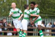 11 May 2019; Ike Orazi, right, of Shamrock Rovers celebrates after scoring a goal with teammates during the U12 SFAI Cup Final 2019 match between Shamrock Rovers and St Kevin's Boys at Oscar Traynor Centre in Dublin. Photo by Michael P. Ryan/Sportsfile