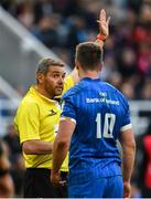 11 May 2019; Referee Jérome Garcès with Jonathan Sexton of Leinster during the Heineken Champions Cup Final match between Leinster and Saracens at St James' Park in Newcastle Upon Tyne, England. Photo by Brendan Moran/Sportsfile