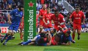 11 May 2019; Maro Itoje of Saracens is held up short of the try line by James Lowe of Leinster during the Heineken Champions Cup Final match between Leinster and Saracens at St James' Park in Newcastle Upon Tyne, England. Photo by Brendan Moran/Sportsfile