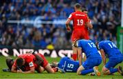 11 May 2019; Owen Farrell and Maro Itoje of Saracens celebrate, left, as Leinster players are dejected following the Heineken Champions Cup Final match between Leinster and Saracens at St James' Park in Newcastle Upon Tyne, England. Photo by Brendan Moran/Sportsfile