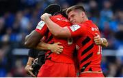 11 May 2019; Owen Farrell, Maro Itoje and Brad Barritt of Saracens celebrate following the Heineken Champions Cup Final match between Leinster and Saracens at St James' Park in Newcastle Upon Tyne, England. Photo by Brendan Moran/Sportsfile