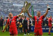 11 May 2019; Saracens captain Brad Barritt, left, and Alex Lozowski of Saracens celebrate with the Champions Cup after the Heineken Champions Cup Final match between Leinster and Saracens at St James' Park in Newcastle Upon Tyne, England. Photo by Brendan Moran/Sportsfile