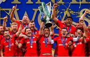 11 May 2019; Saracens captain Brad Barritt lifts the cup following their victory in the Heineken Champions Cup Final match between Leinster and Saracens at St James' Park in Newcastle Upon Tyne, England. Photo by Ramsey Cardy/Sportsfile