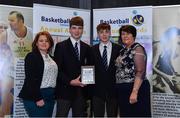 11 May 2019; Boys A School Award winners St Joseph’s The Bish, Galway, represented by Joseph Coughlan and Brian Gaffney, are presented with the award by Lorna Finnegan, PPSC, left, and Theresa Walsh, President of Basketball Ireland, during the Basketball Ireland 2018/19 Annual Awards and Hall of Fame at the Cusack Suite, Croke Park in Dublin. Photo by Piaras Ó Mídheach/Sportsfile