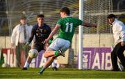 11 May 2019; Cillian Fahy of Limerick shoots to score his side's second goal past Tipperary goalkeeper Evan Comerford during the Munster GAA Football Senior Championship quarter-final match between Tipperary and Limerick at Semple Stadium in Thurles, Co. Tipperary. Photo by Diarmuid Greene/Sportsfile