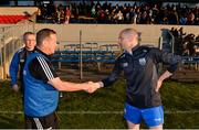 11 May 2019; Claree manager Colm Collins, left, and Waterford manager Beni Whelan shake hands following the Munster GAA Football Senior Championship quarter-final match between Clare v Waterford at Cusack Park in Ennis, Clare. Photo by Sam Barnes/Sportsfile