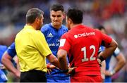 11 May 2019; Referee Jérome Garcès speaks to team captains Jonathan Sexton of Leinster and Brad Barritt of Saracens during the Heineken Champions Cup Final match between Leinster and Saracens at St James' Park in Newcastle Upon Tyne, England. Photo by Ramsey Cardy/Sportsfile