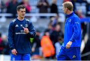 11 May 2019; Jonathan Sexton of Leinster in conversation with Leinster head coach Leo Cullen ahead of the Heineken Champions Cup Final match between Leinster and Saracens at St James' Park in Newcastle Upon Tyne, England. Photo by Ramsey Cardy/Sportsfile